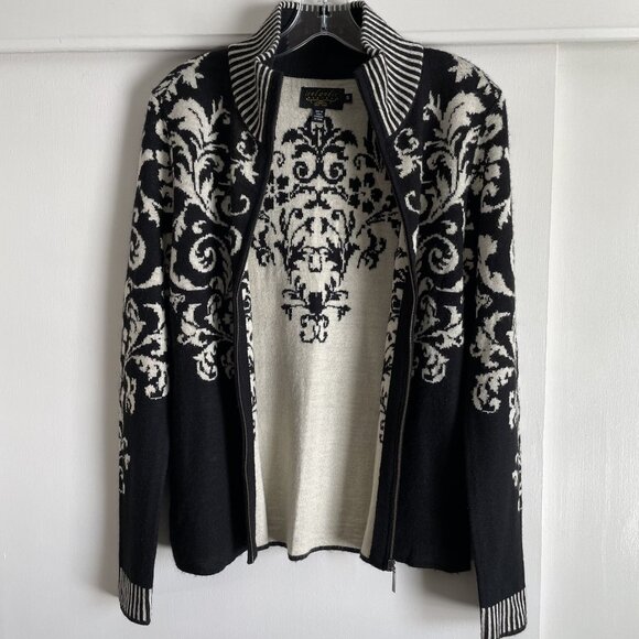 Icelandic Design Floral Cardigan Sweater Wool Full Zip Size S  Black Tan Nordic - Picture 11 of 16